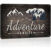 Vintage Adventure Travel Rustic Metal Sign with Bear Mountain Shaped, Adventure Awaits Bear Decor Tin Sign Wall Decor, 12 x 8 Inches