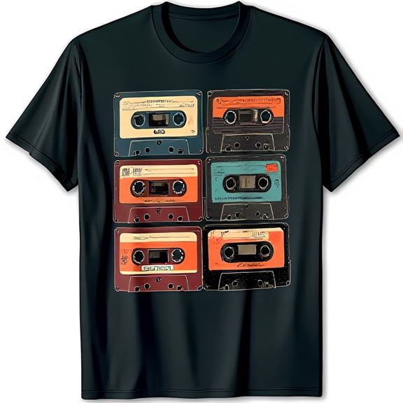Vintage Aesthetic Black T-Shirt with Colorful Cassette Tape Graphic Design