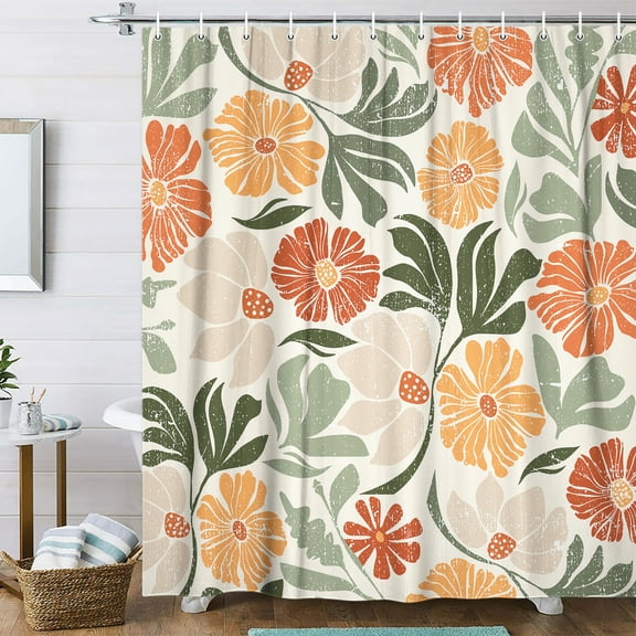 Vintage Aesthetic Floral Shower Curtain, Boho Trendy Botanical Flowers Shower Curtain for Bathroom, Rustic Farmhouse boho Beige and Green Plants Modern Cute Shower Curtain Set 12PCS Hooks, 70X70IN