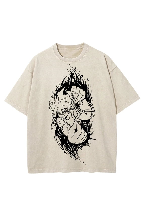 Vintage Aesthetic Graphic Tee Inspired Graphic Design Built Around Hunter X Hunter Killua Lightning Unisex Cotton Acid Wash T-Shirt