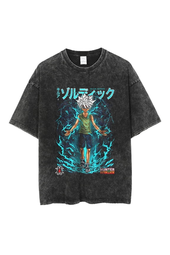 Vintage Aesthetic Graphic Tee Inspired Graphic Design Built Around Hunter X Hunter Killua Ultimate Assassin Unisex Cotton Acid Wash T-Shirt