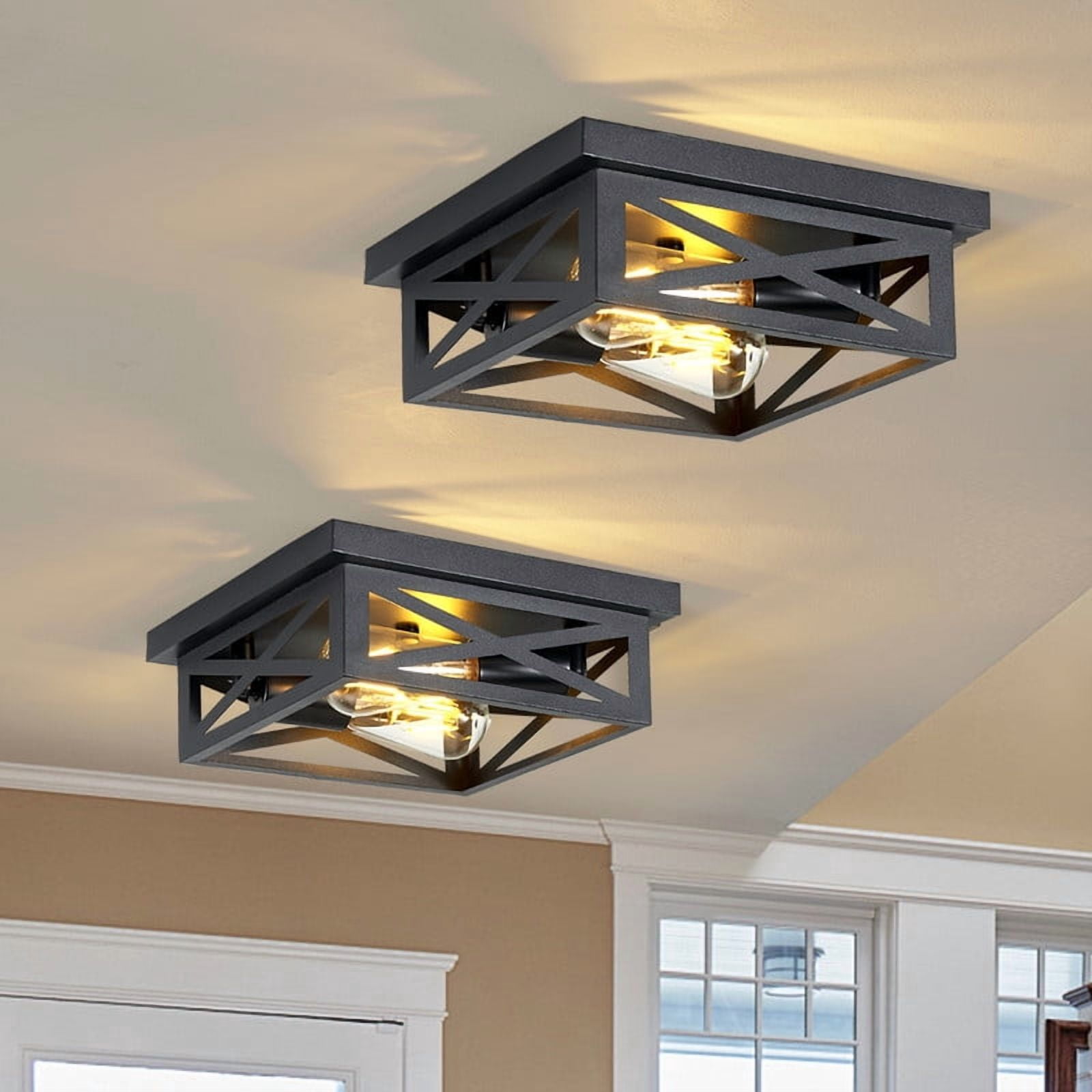 GCGAFUL 2-Pack Farmhouse Flush Mount Ceiling Light, 2-Light Matte Black Rustic Iron Square Ceiling Fixture, Farmhouse Ceiling Decor for Hallways, Kitchens, Living Rooms. E26 Base