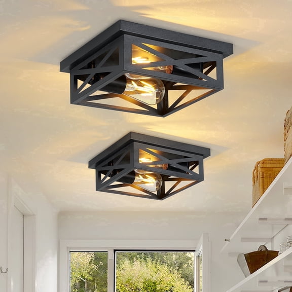 GCGAFUL 2-Pack Farmhouse Flush Mount Ceiling Light, 2-Light Matte Black Rustic Iron Square Ceiling Fixture, Farmhouse Ceiling Decor for Hallways, Kitchens, Living Rooms. E26 Base