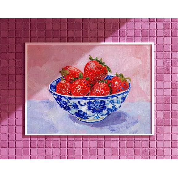 Vintage Aesthetic Wall Art Kitchen Print Strawberry Home Decor, Pink Print Farmhouse Decor, Girly Wall Art Dorm Room Print Cottagecore Decor Wall Art, Modern Wall Decor, 8x12 UNFRAMED