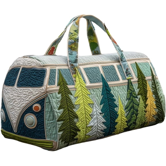 Vintage Aesthetics Quilted Duffel Bag,16/18 Inch Retro Hippie Bus Tote with Floral & Forest Designs,Stylish Weekender Bag for Travel & Daily Use Great Gifts