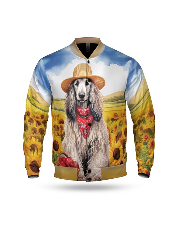 Vintage Afghan Hound Says Hello Mother's Day Summer Sunflower Field All Over Print 3D Baseball Jacket Dog Lover Bomber Jacket Softball - 12005