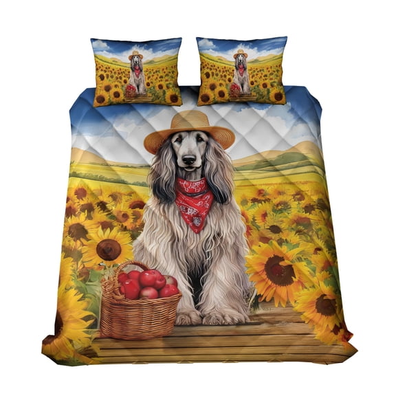 Vintage Afghan Hound Says Hello Mother's Day Summer Sunflower Field Quilt Bedding Set Dog Lover 1 Blanket Bed Cover 2 Pillowcases - 12005