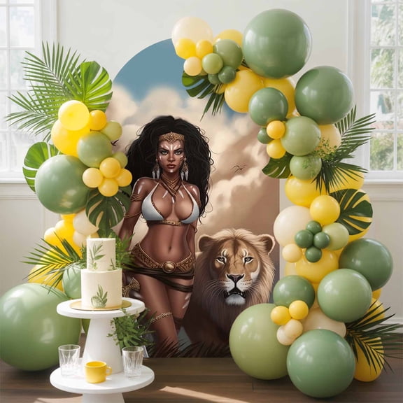 Vintage African Arch Backdrop Cover, 6FT, Lion and Warrior Woman with Clouds Spandex Arch Covers Double-Sided Backdrop for Wedding Birthday Party Photo Background Decoration