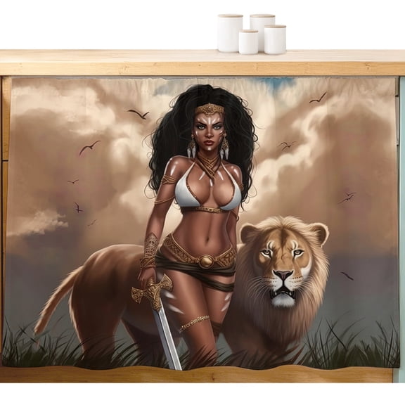 Vintage African Cabinet Curtains Lion and Warrior Woman with Clouds Sink Skirt Privacy Short Cabinet Curtain for Kitchen Bathroom Self Adhesive Waterproof Under Sink Curtain 10" W x 11" L