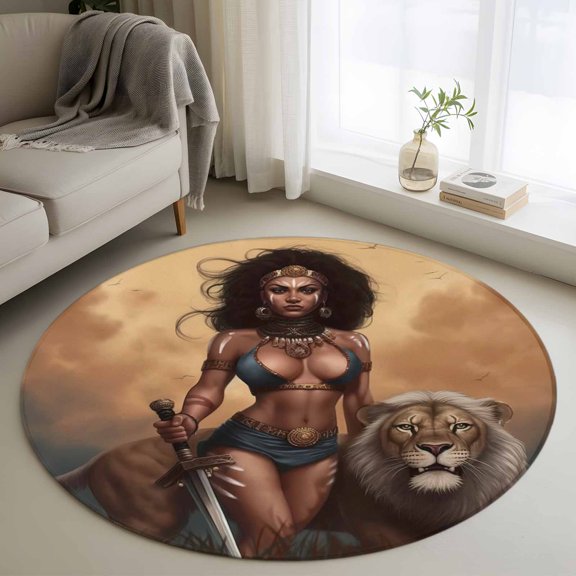 Vintage African Round Rugs for Living Room 4ft Tribe Lion and Warrior Woman Non Slip Circle Rug Washable Low-Profile Indoor Carpet for Bedroom, Dining Room, Bathroom