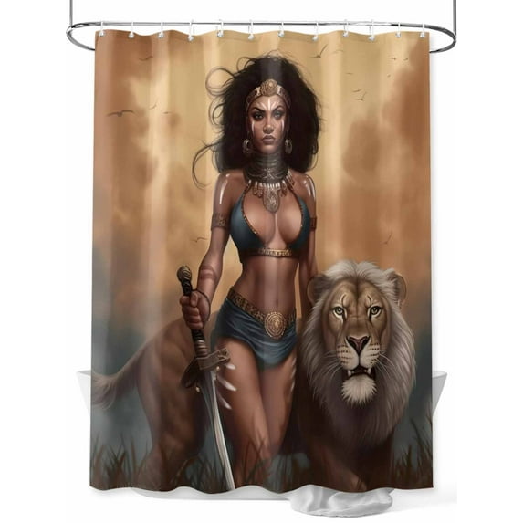 Vintage African Shower Curtain, Tribe Lion and Warrior Woman Waterproof Shower Curtain Set with 12 Hooks Lightweight Washable Fabric Shower Curtains for Bathroom 48x72 Inches