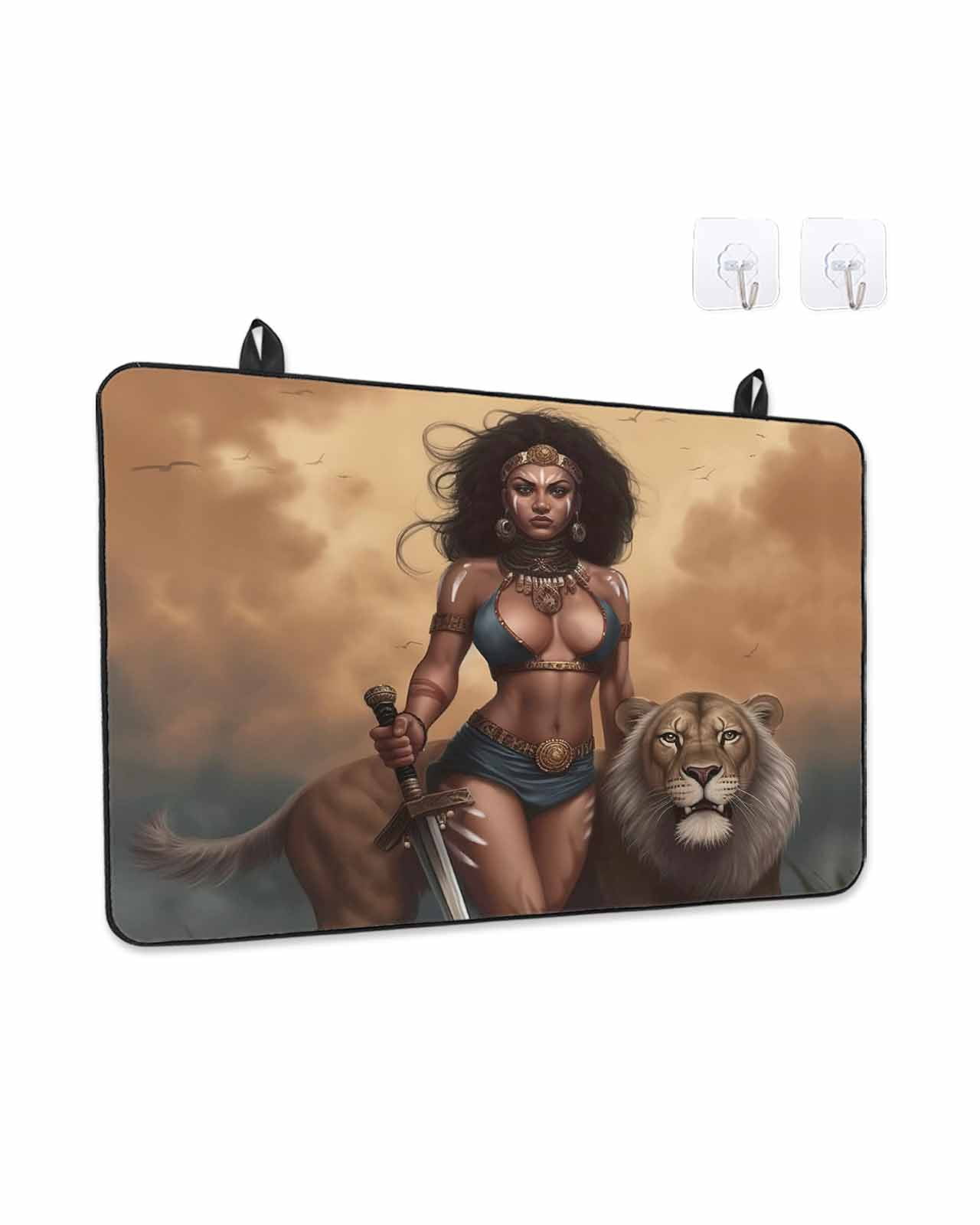 Vintage African Stove Top Covers for Electric Stove, 28'x20'' Tribe Lion and Warrior Woman Glass Ceramic Stove Cover Foldable Rubber Mat Heat Resistant Cooktop Protector for Kitchen