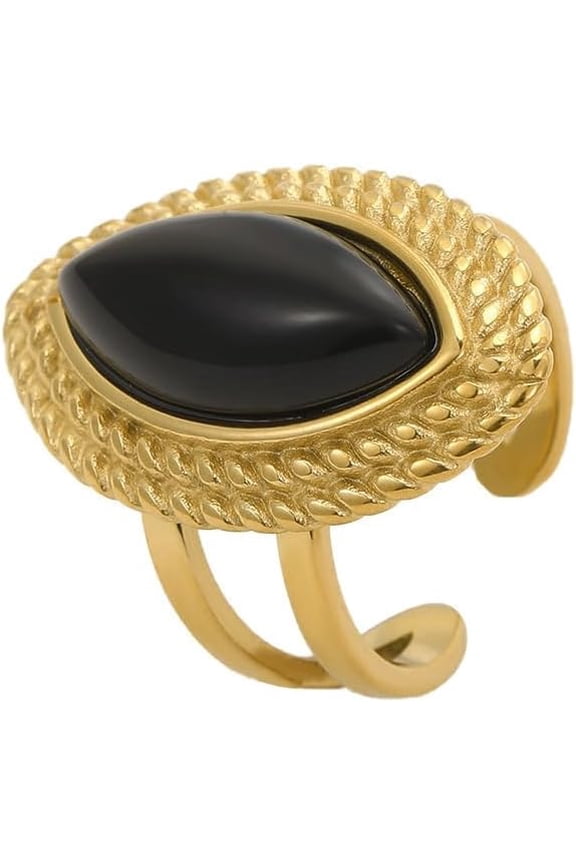 Vintage Agate Oval Ring for Women 18K Gold Plated Stainless Steel Statement Gemstone Jewelry Open Band Cocktail Party Ring Size 7 Comfort Fit Fashion Jewelry for Her Mother Anniversary Valentine's