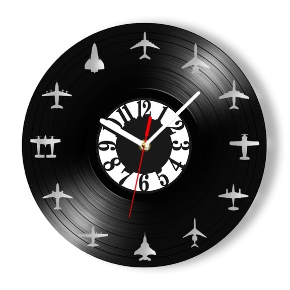 Vintage Aircraft Pilot Aviation Vinyl Record Wall Clock Laser Cut Multi Airplane Silhouette Aviation Silent Sweep Quartz Wall Clock