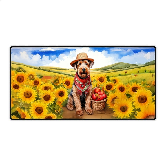 Vintage Airedale Terrier Says Hello Mother's Day Summer Sunflower Field Desk Mat Full Keyboard Mouse Pad Dale Waterside Dog Lover Large Mousepad - 12005