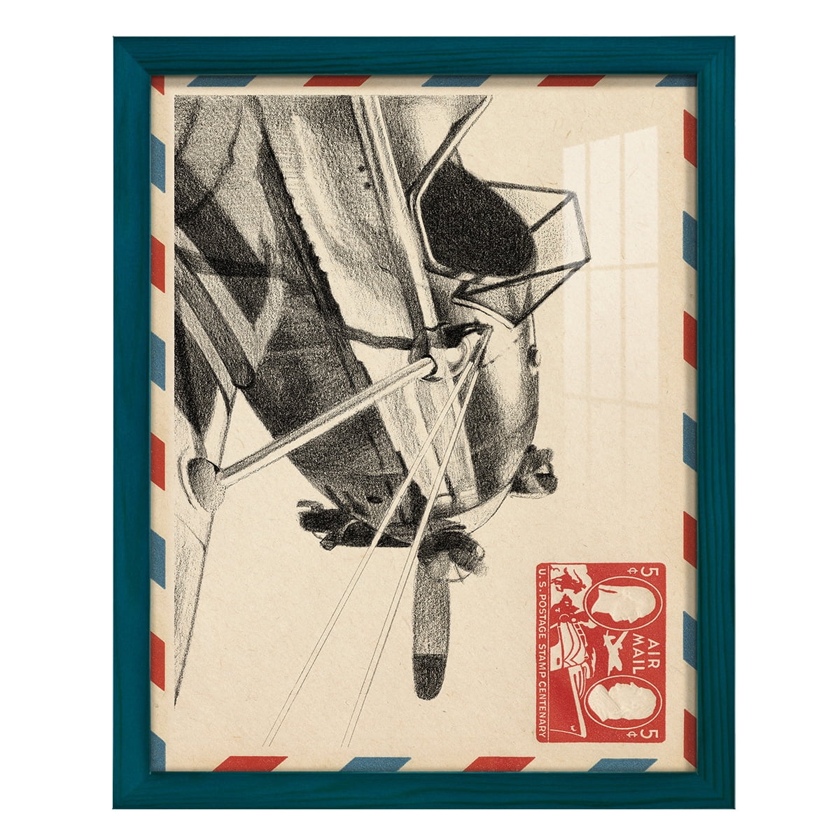 Vintage Airmail I -Framed Print w/glass-Ocean Blue