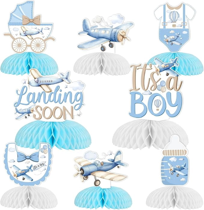Vintage Airplane Baby Shower Decorations 8Pcs Airplane Honeycomb Centerpieces Landing Soon Baby Shower Table Decor Plane Aircraft Aviator Party Time Flies Adventure Awaits Decor for Pregnancy