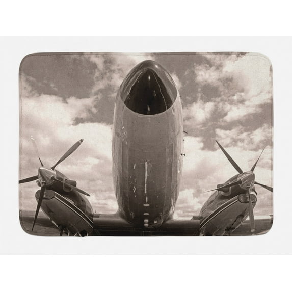 Vintage Airplane Bath Mat, Turboprop Airplane Nose Close Up View and Cloudy Sky Aviation Historic, Non-Slip Plush Mat Bathroom Kitchen Laundry Room Decor, 29.5 X 17.5 Inches, Sepia White, Ambesonne