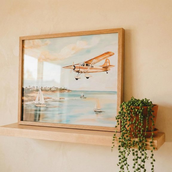 Vintage Airplane Coastal Beach Sailboat Nursery Wall Decor Unframed Paper Print