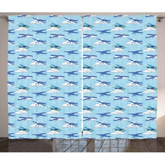 Ambesonne Vintage Airplane Curtains 2 Panel Set, Flying Crafts, 108" x 96", Pale Blue Dark Blue
