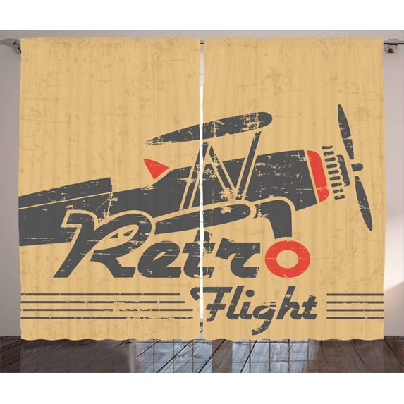 Ambesonne Vintage Airplane Curtains 2 Panel Set, Retro Emblem, 108" x 96", Sand Brown Vermilion