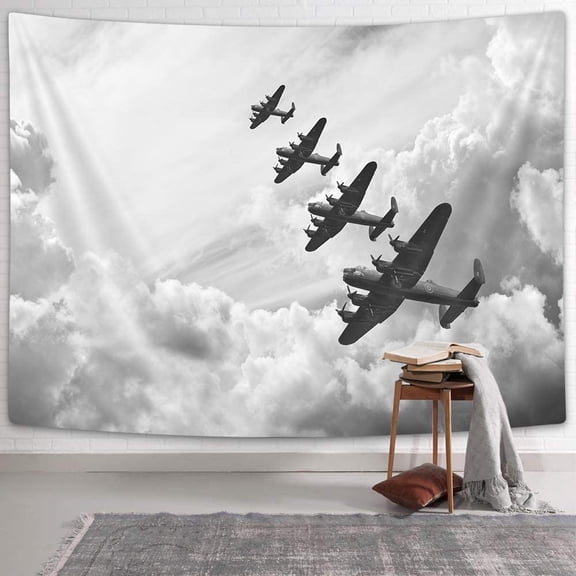 Vintage Airplane Decor Tapestry, Retro Image of Lancaster Bomber Jets from Battle Royal Air Force in Clouds Plane Tapestry Wall Hanging, Wall Art for Bedroom Living Room Dorm Home, 80X60 In