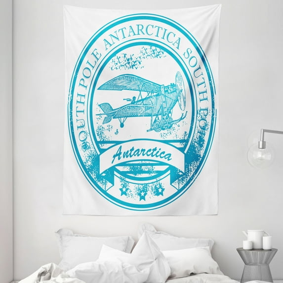 Vintage Airplane Decor Tapestry, South Pole Antarctica Words on Retro Blue Stamp Grunge Airplane, Wall Hanging for Bedroom Living Room Dorm Decor, 60W X 80L Inches, Sky Blue White, by Ambesonne