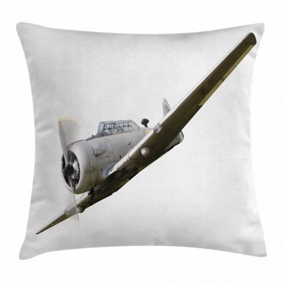 Vintage Airplane Decor Throw Pillow Cushion Cover, Historical Old War Aircraft Flying Fighter Weapon Propeller Wing, Decorative Square Accent Pillow Case, 16 X 16 Inches, Grey White, by Ambesonne