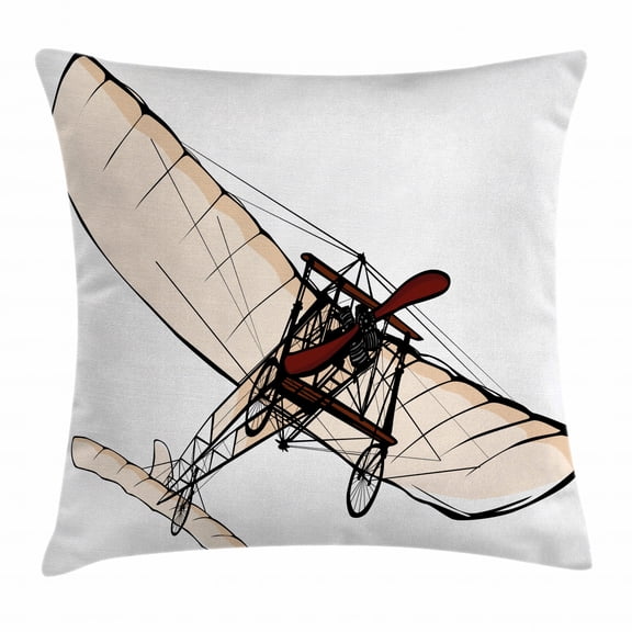 Vintage Airplane Decor Throw Pillow Cushion Cover, Old Fashioned Plane Engine Ancient Flight Illustration, Decorative Square Accent Pillow Case, 20 X 20 Inches, Peach Burgundy Black, by Ambesonne
