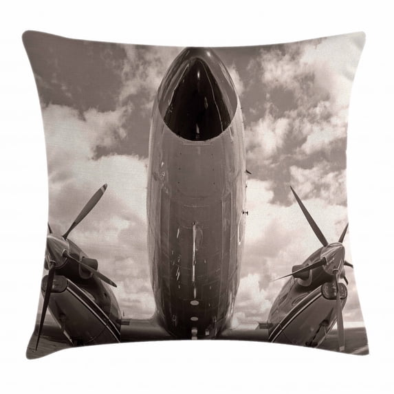 Vintage Airplane Decor Throw Pillow Cushion Cover, Turboprop Airplane Nose Close Up View Cloudy Sky Aviation Historic, Decorative Square Accent Pillow Case, 24 X 24 Inches, Sepia White, by Ambesonne