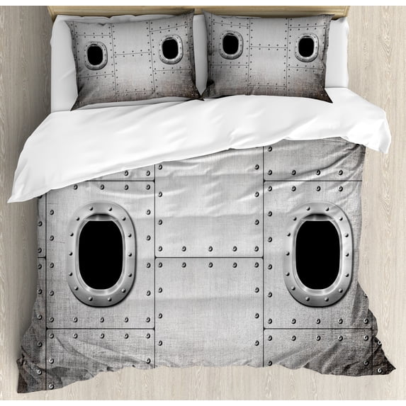 Vintage Airplane Duvet Cover Set, Airplane Windows Close up Image Detailed Steampunk Style Illustration, Decorative 3 Piece Bedding Set with 2 Pillow Shams, King Size, Grey Black, by Ambesonne