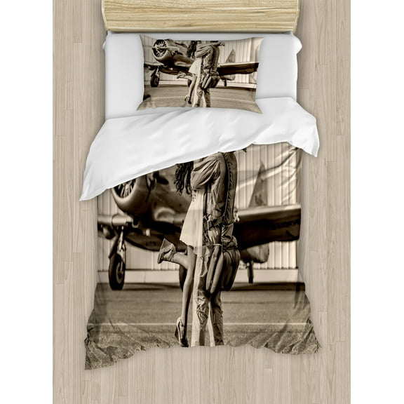 Vintage Airplane Duvet Cover Set, Brunette Young Woman Hugging a Pilot Historical Aircraft Homecoming Image Print, Decorative 2 Piece Bedding Set with 1 Pillow Shams, Twin Size, Sepia, by Ambesonne