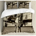 thumbnail image 1 of Vintage Airplane Duvet Cover Set, Brunette Young Woman Hugging a Pilot Historical Aircraft Homecoming Image Print, Decorative 3 Piece Bedding Set with 2 Pillow Shams, Calking Size, Sepia, by Ambesonne, 1 of 3