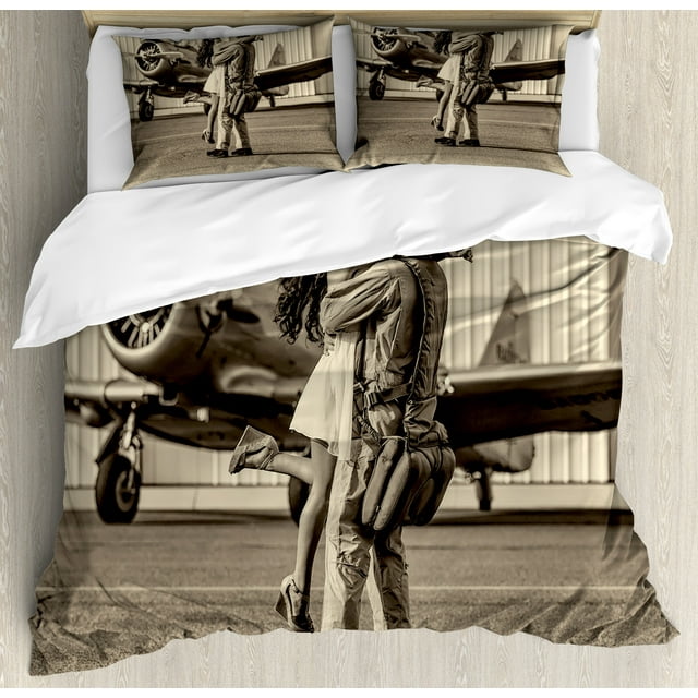 Vintage Airplane Duvet Cover Set, Brunette Young Woman Hugging a Pilot Historical Aircraft Homecoming Image Print, Decorative 3 Piece Bedding Set with 2 Pillow Shams, Calking Size, Sepia, by Ambesonne