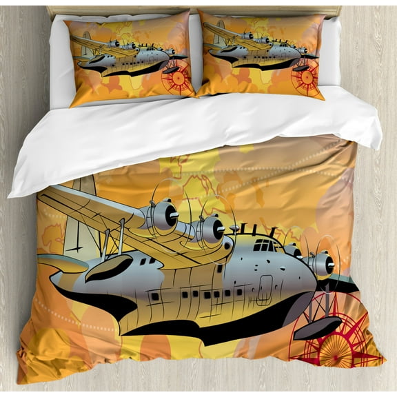 Vintage Airplane Duvet Cover Set King Size, Retro Seaplane in the Sky World Map Compass Adventure Traveling Journey, Decorative 3 Piece Bedding Set with 2 Pillow Shams, Multicolor, by Ambesonne