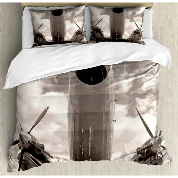 Vintage Airplane Duvet Cover Set King Size, Turboprop Airplane Nose Close Up View and Cloudy Sky Aviation Historic, Decorative 3 Piece Bedding Set with 2 Pillow Shams, Sepia White, by Ambesonne