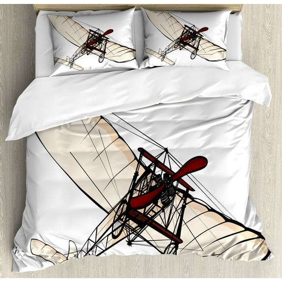 Vintage Airplane Duvet Cover Set, Old Fashioned Plane Engine Flight Illustration Print, Decorative 3 Piece Bedding Set with 2 Pillow Shams, King Size, Peach Burgundy Black, by Ambesonne