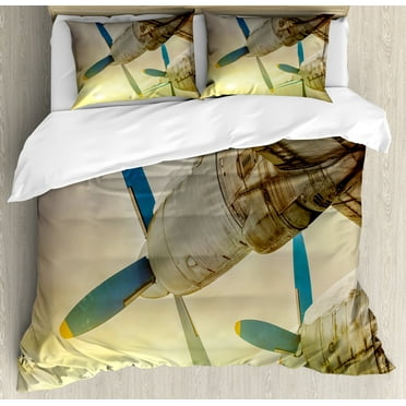 Vintage Airplane Duvet Cover Set, Old Wing Aircraft with Propellers at Sunset Snowy Winter Sky Image, Decorative 3 Piece Bedding Set with 2 Pillow Shams, Calking Size, Brown Blue Yellow, by Ambesonne
