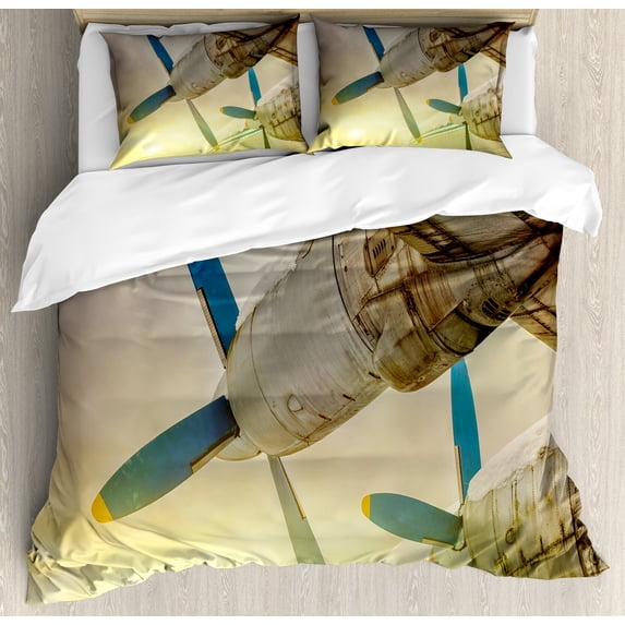 Vintage Airplane Duvet Cover Set, Old Wing Aircraft with Propellers at Sunset Snowy Winter Sky Image, Decorative 3 Piece Bedding Set with 2 Pillow Shams, Queen Size, Brown Blue Yellow, by Ambesonne