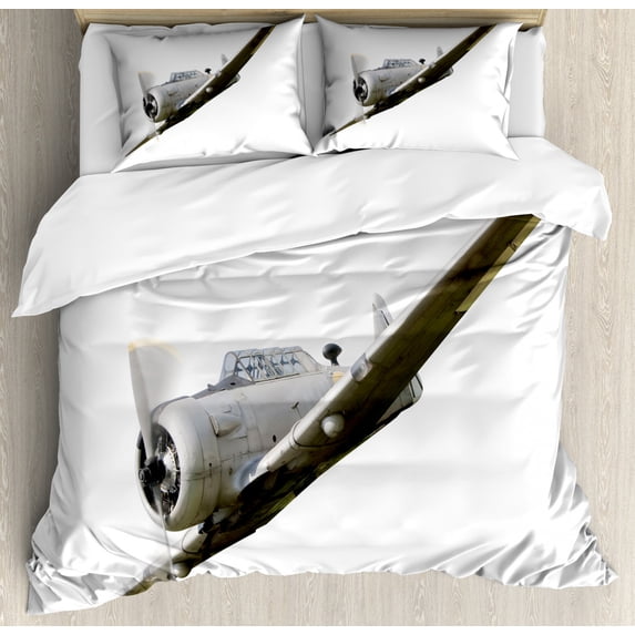 Vintage Airplane Duvet Cover Set Queen Size, Historical Vintage Twenties Aircraft Flying Fighter Propeller Wing Tech, Decorative 3 Piece Bedding Set with 2 Pillow Shams, Grey White, by Ambesonne