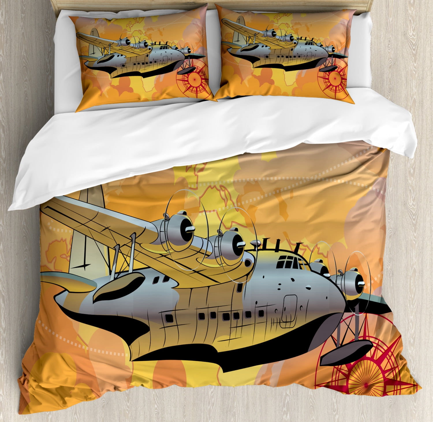 Retro Airplane Adventure Queen Size Duvet Cover Set