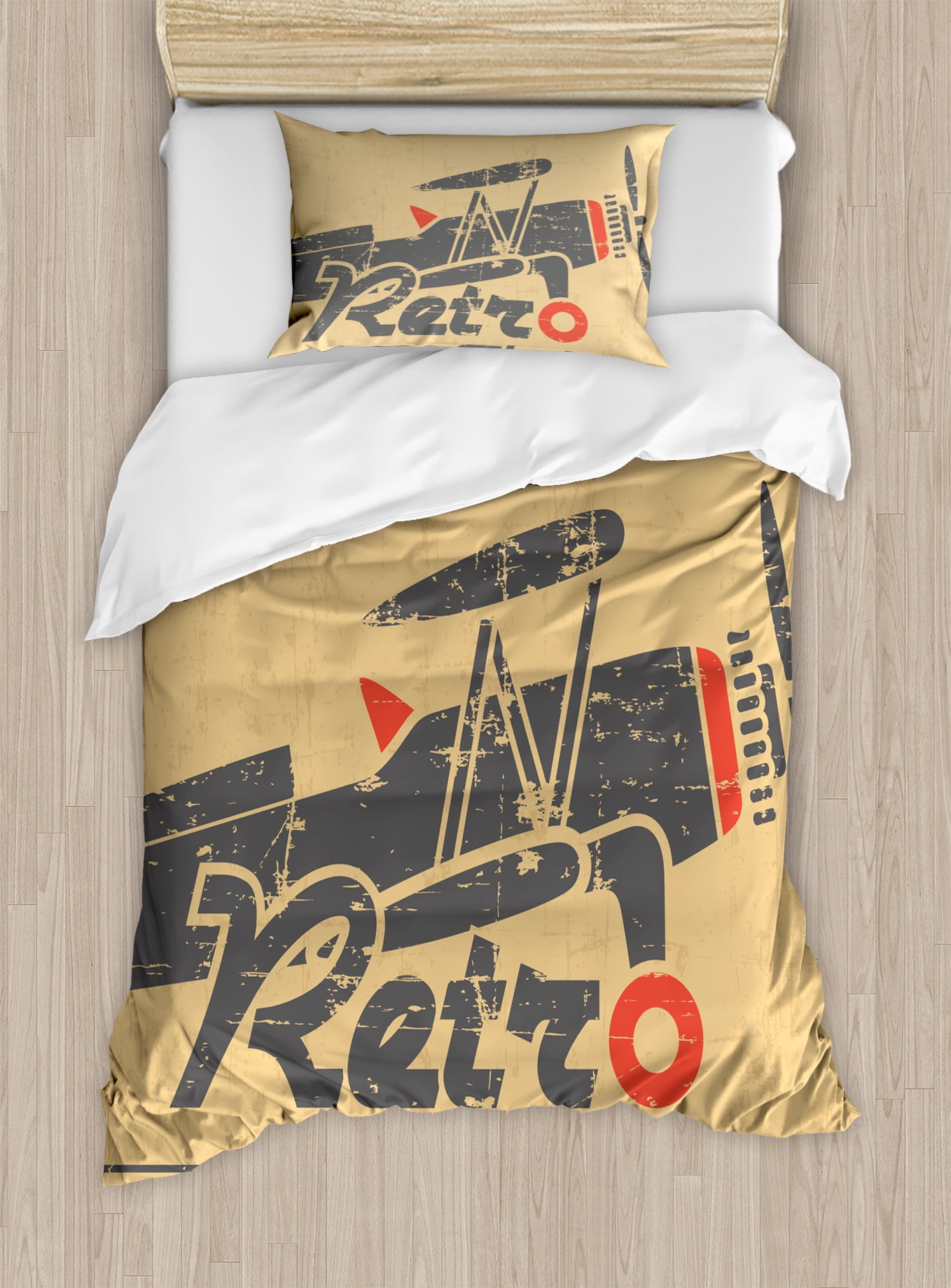 Twin Light Brown Retro Airplane Duvet Cover Set