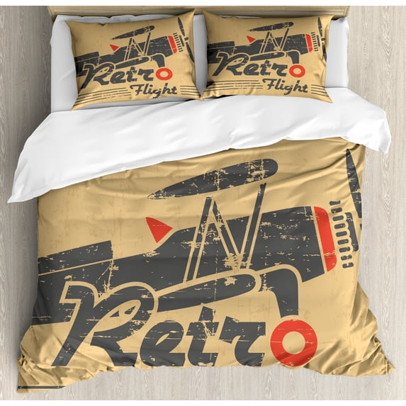 Vintage Airplane Duvet Cover Set, Retro Flight Emblem with Old Plane Stripes Grunge Style, Decorative 3 Piece Bedding Set with 2 Pillow Shams, King Size, Sand Brown Vermilion, by Ambesonne