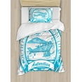 thumbnail image 1 of Vintage Airplane Duvet Cover Set, South Pole Antarctica Words on Retro Style Blue Stamp Grunge Airplane, Decorative 2 Piece Bedding Set with 1 Pillow Shams, Twin Size, Sky Blue White, by Ambesonne, 1 of 3