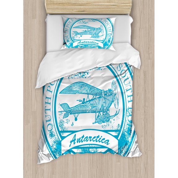 Vintage Airplane Duvet Cover Set, South Pole Antarctica Words on Retro Style Blue Stamp Grunge Airplane, Decorative 2 Piece Bedding Set with 1 Pillow Shams, Twin Size, Sky Blue White, by Ambesonne