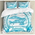 thumbnail image 1 of Vintage Airplane Duvet Cover Set, South Pole Antarctica Words on Retro Style Blue Stamp Grunge Airplane, Decorative 3 Piece Bedding Set with 2 Pillow Shams, Calking Size, Sky Blue White, by Ambesonne, 1 of 3