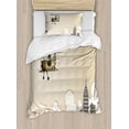thumbnail image 1 of Vintage Airplane Duvet Cover Set Twin Size, Cartoon Style Biplane in Modern City Clouds and High Rise Buildings, Decorative 2 Piece Bedding Set with 1 Pillow Sham, Tan White Grey, by Ambesonne, 1 of 3