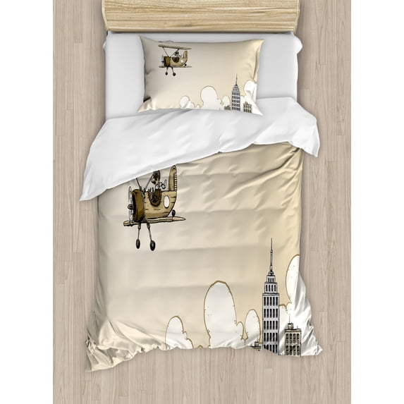 Vintage Airplane Duvet Cover Set Twin Size, Cartoon Style Biplane in Modern City Clouds and High Rise Buildings, Decorative 2 Piece Bedding Set with 1 Pillow Sham, Tan White Grey, by Ambesonne