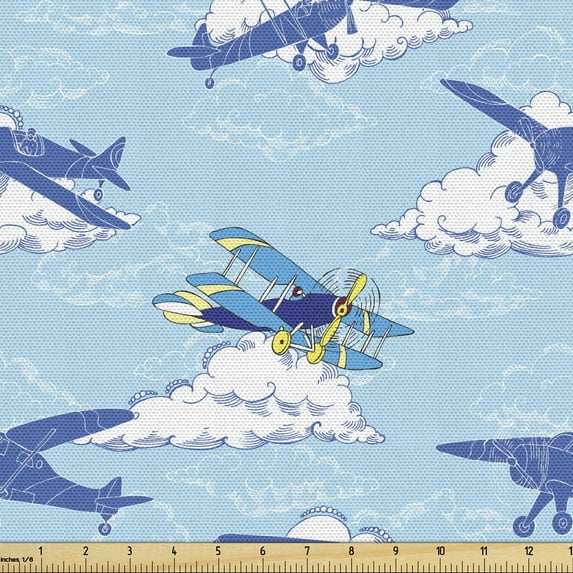 Ambesonne Vintage Airplane Fabric by the Yard Upholstery, Flying Crafts, 5 Yards, Pale Blue Dark Blue
