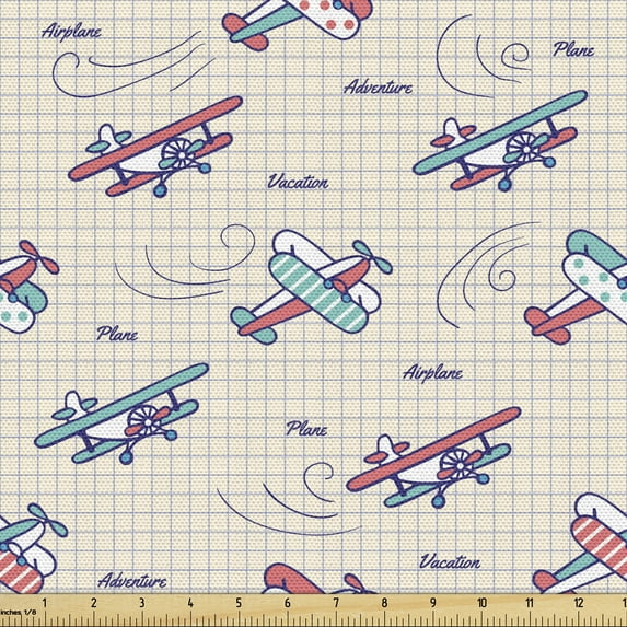 Ambesonne Vintage Airplane Fabric by the Yard Upholstery, Retro Doodles, 3 Yards, Multicolor